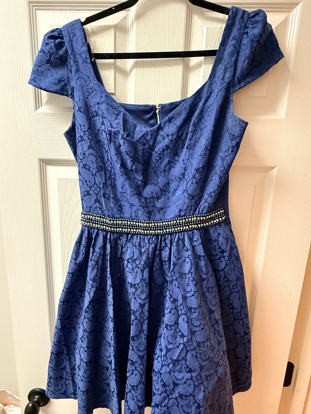 Francesca’s Alya A-line Blue Lace Party dress with Beaded Waistband